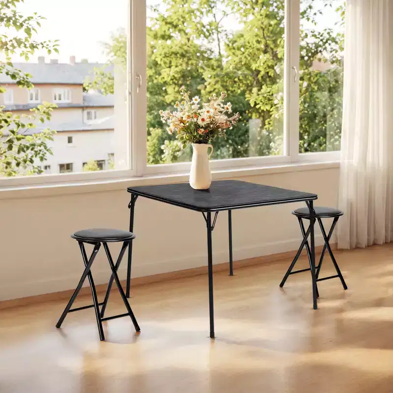 FurnitureR 3-Piece Folding Table and Chair Set for 2, Space-Saving Square Card Table with 2 Stools, Ideal for Small Spaces, Home, Patio, Black