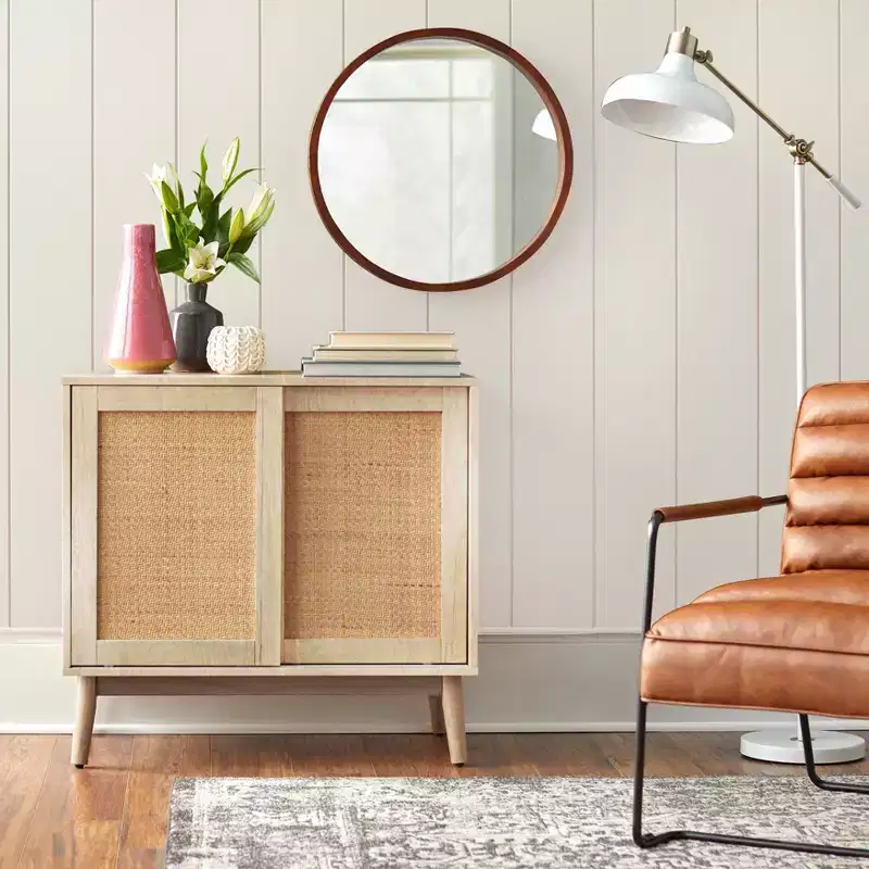 Rattan Sliding Door Buffet – Natural Finish, Mid-Century Modern Style