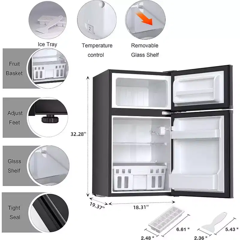 3.2 Cu.Ft. Compact Mini Fridge with Freezer, 2-Door Design, Adjustable Shelves for Dorm, Apartment, Office, and Basement