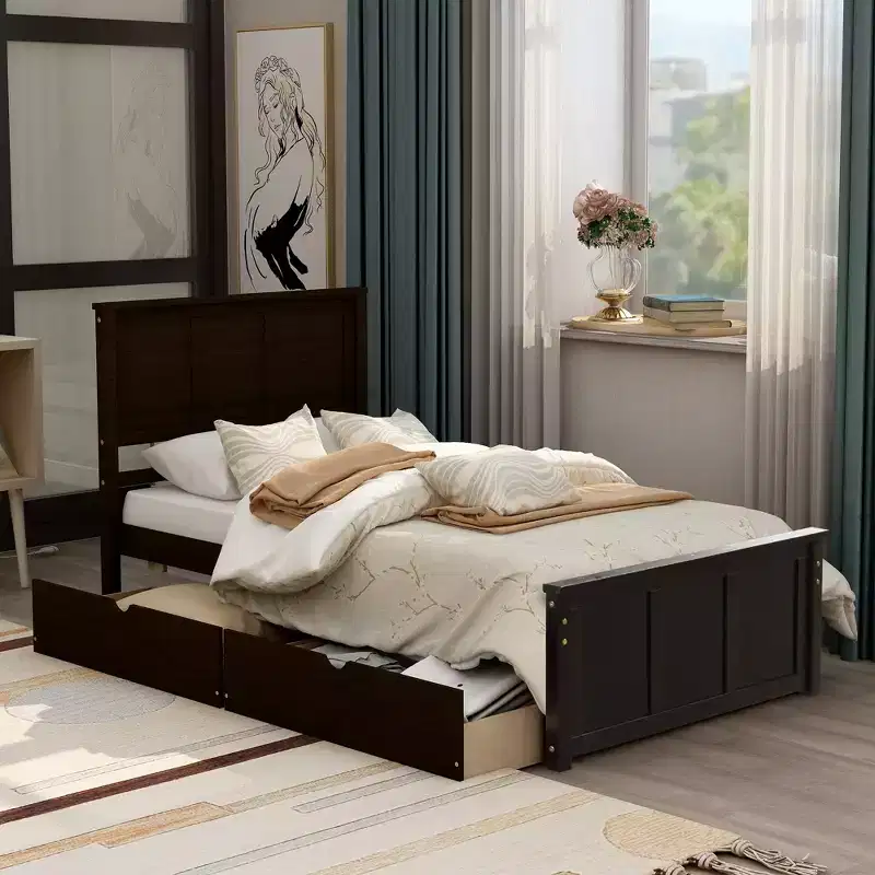 Twin Size Wood Platform Storage Bed with Trundle Bed/ Two Drawers-ModernLuxe