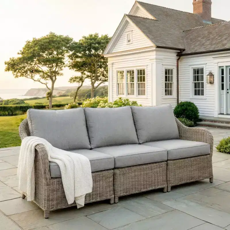 Martha Stewart Lily Pond Indoor-Outdoor 3-Seat Modular Patio Sofa in Weathered Gray Rattan Wicker with Gray All-Weather Cushions