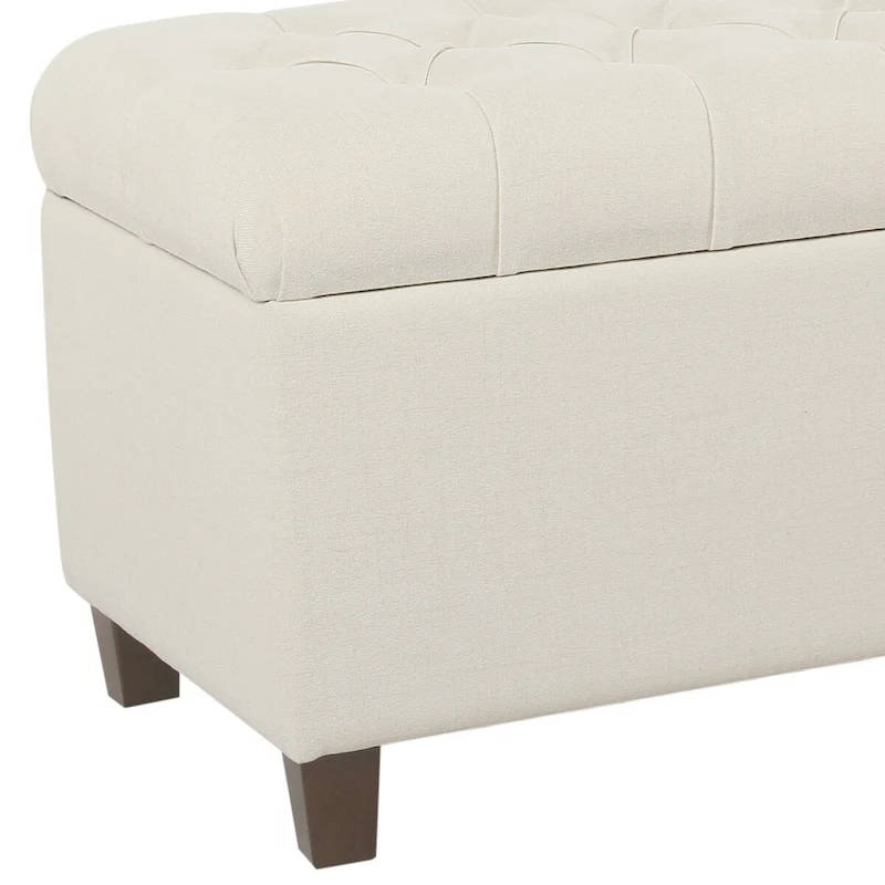 Fabric Upholstered Button Tufted Wooden Bench With Hinged Storage, White and Brown - 18 H x 40 W x 18 L Inches