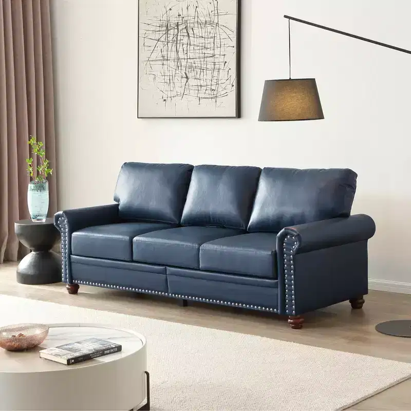 3-Seater Faux Leather Sofa with Round Arm & Silver Nails for Living Room & Office, Navy Blue