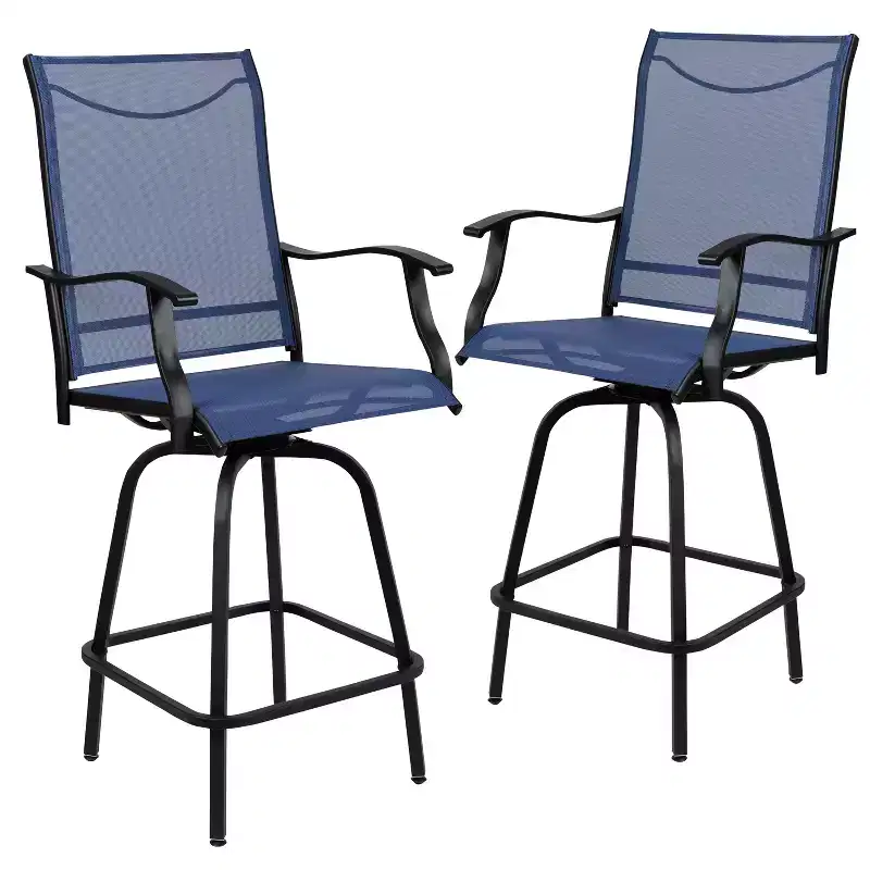 Flash Furniture Valerie Patio Bar Height Stools Set of 2, All-Weather Textilene Swivel Patio Stools and Deck Chairs with High Back & Armrests