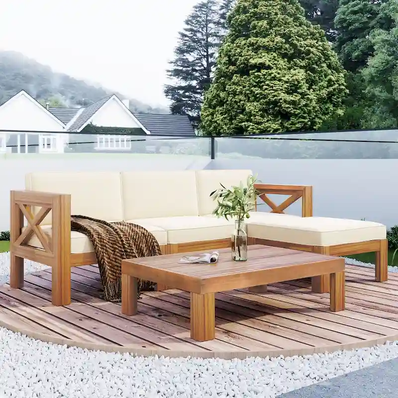 5-Piece Outdoor Backyard Patio Wood Sectional Sofa Seating Group Set with Cushions, Natural Finish+ Cushions