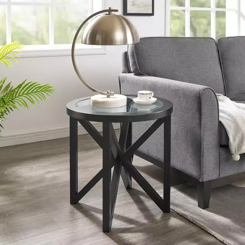 Okak Round Glass Coffee Table, Modern Simple Design, Solid Wood Base, Clear Tempered Glass Top, Living Room Terrace Study Table