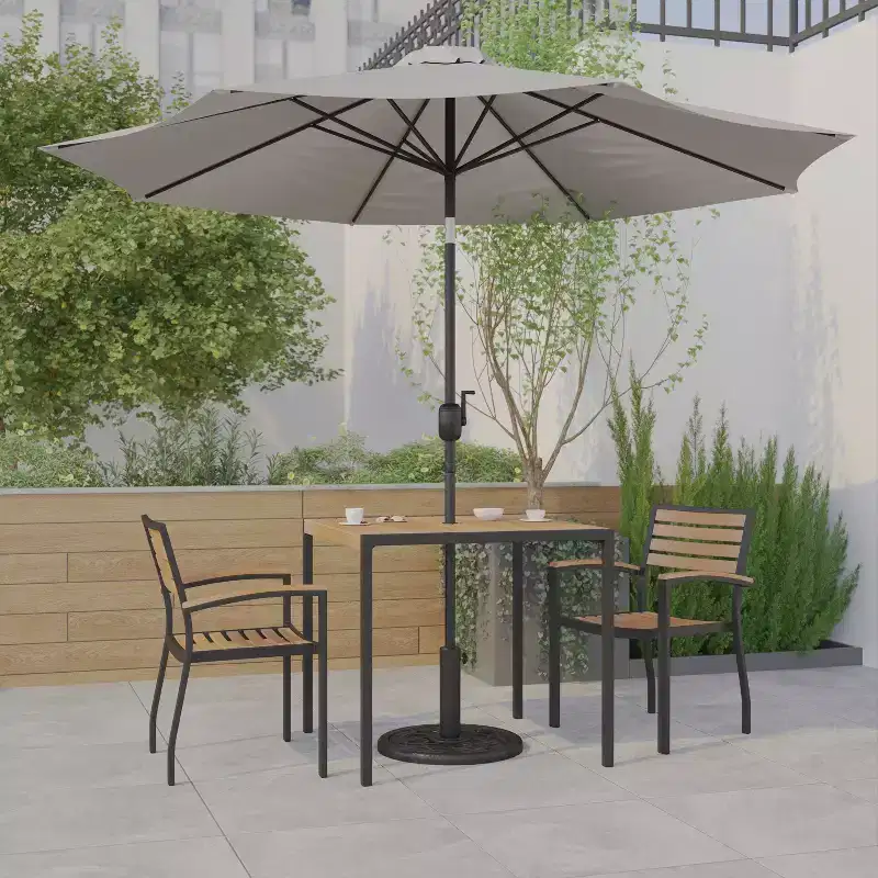 Emma and Oliver 5 Piece Patio Table Set - 2 Synthetic Faux Teak Stackable Chairs - Faux Teak Table - Umbrella with Base