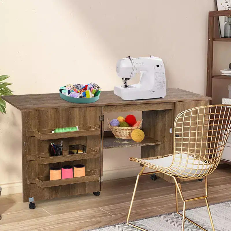 Costway Folding Sewing Table Shelves Storage Cabinet Craft Cart W/Wheels Large
