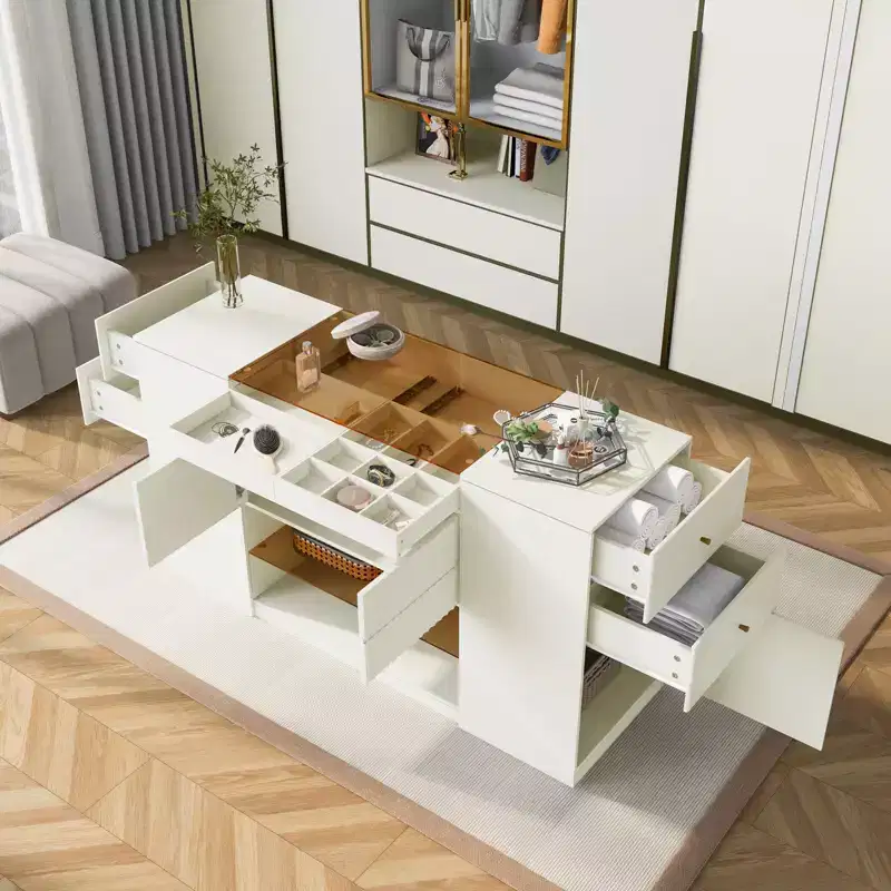 GDFStudio Ken Multi-Functional Island Vanity Dresser and Storage Cabinet with Glass Tabletop and Drawers