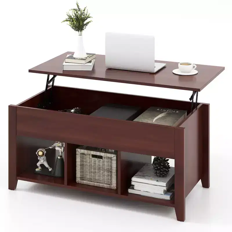 Lift Top Coffee Table with Hidden Compartment and Storage Shelves, Brown