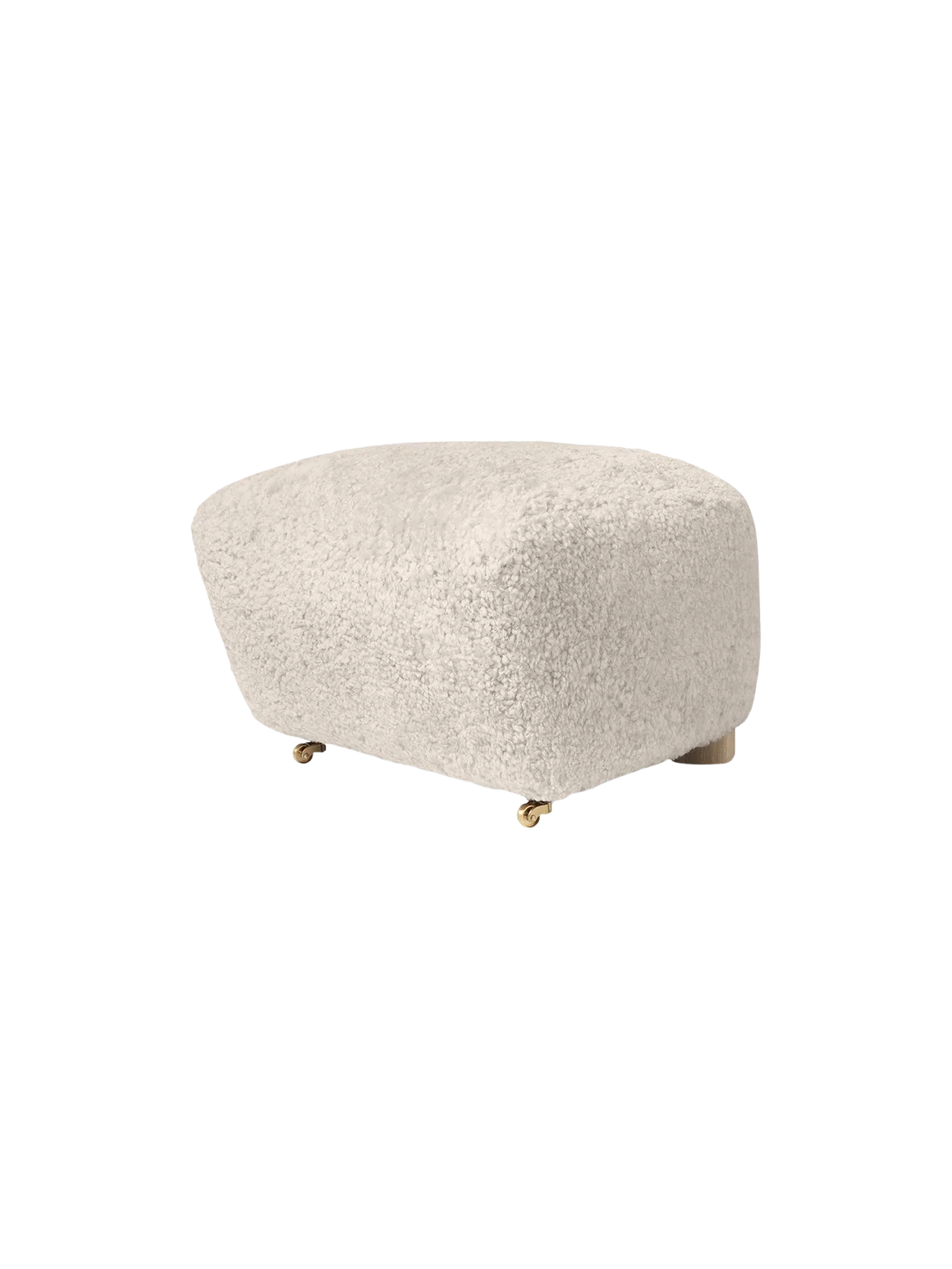 Sheepskin & Oak Ottoman with Brass Casters for Living Room