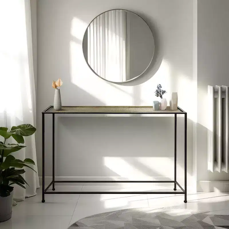Royal Hampton 48 Inch Console Sofa Table, Artisanal Hammered Antique Bronze Tray Top, Industrial Black Iron Frame