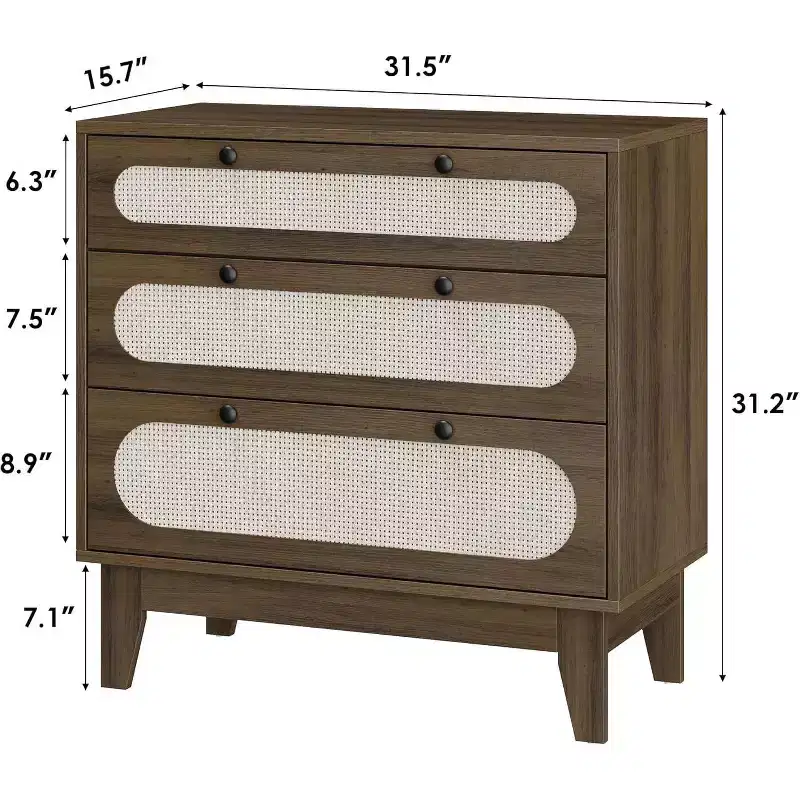 Rattan Dresser with 3 Drawers, Wooden Bedside Chest of Drawers, Small Bohemian Storage Cabinet, Bedside Table, Bedroom, Living Room