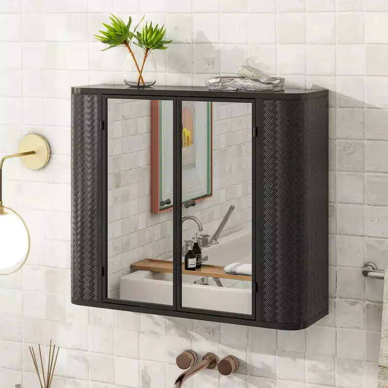 Wall-Mounted Bathroom Vanity with Mirror, Two Mirrored Doors,and Open Shelves; Style Metal Frame Storage Cabinet with Open Compartments