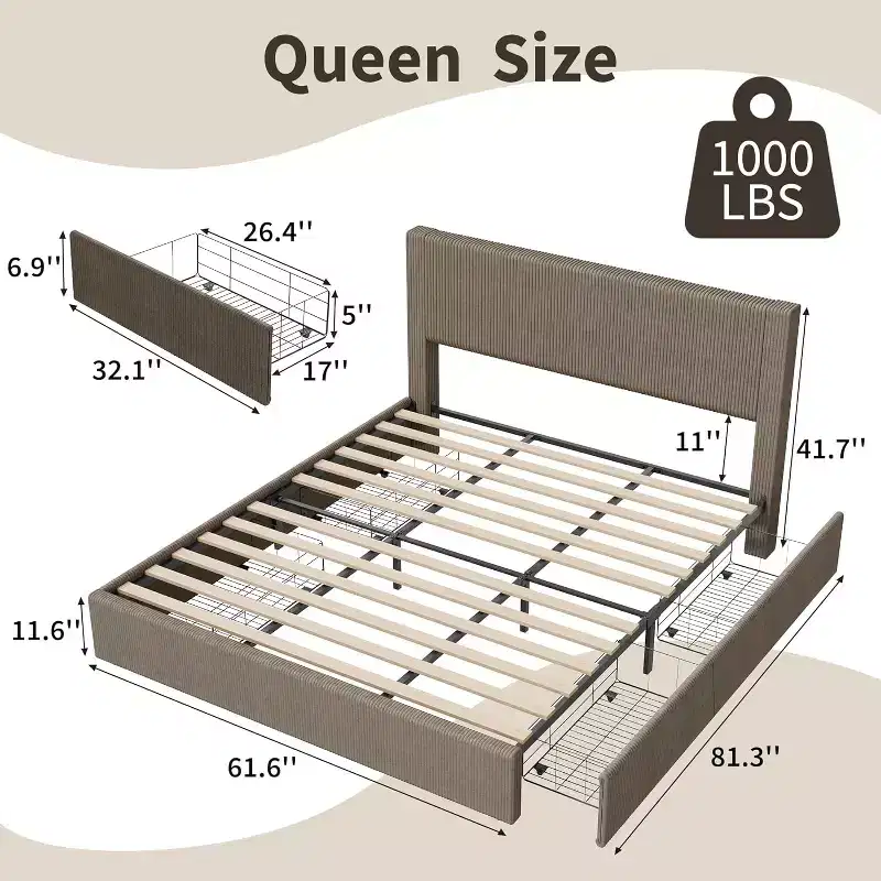 Queen Platform Bed with 4 Storage Drawers, Corduroy Tufted Headboard, Wood Slats, No Box Spring Needed, Brown