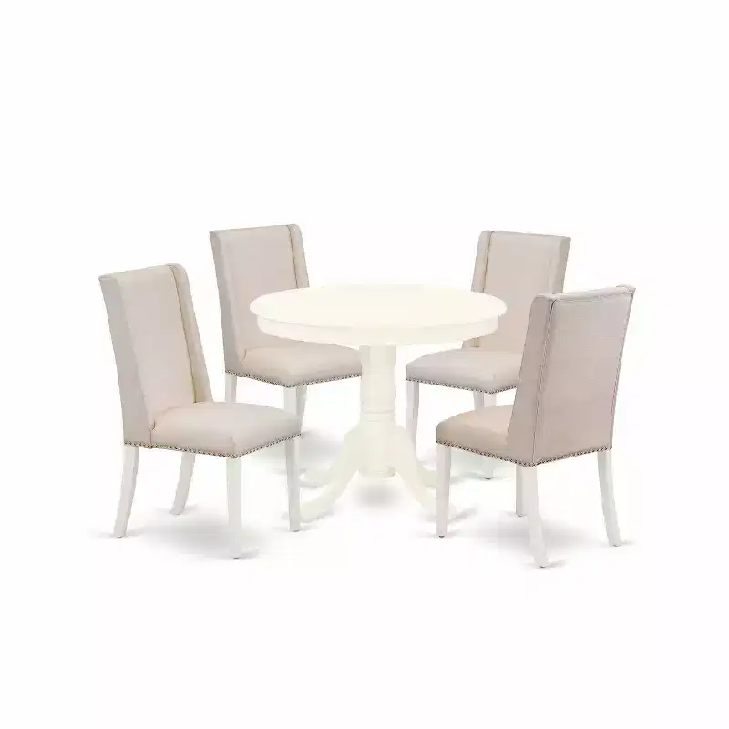 HomeStock 5-Piece Round Linen White Finish Solid Wood Top Dining Table with 4 Parson Chair