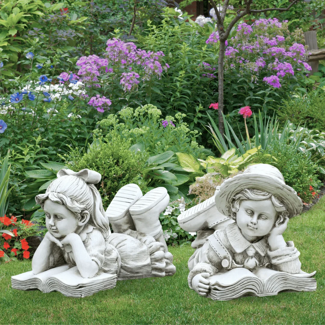 Boy & Girl Garden Ornaments Lawn Statues Hand Cast Figures