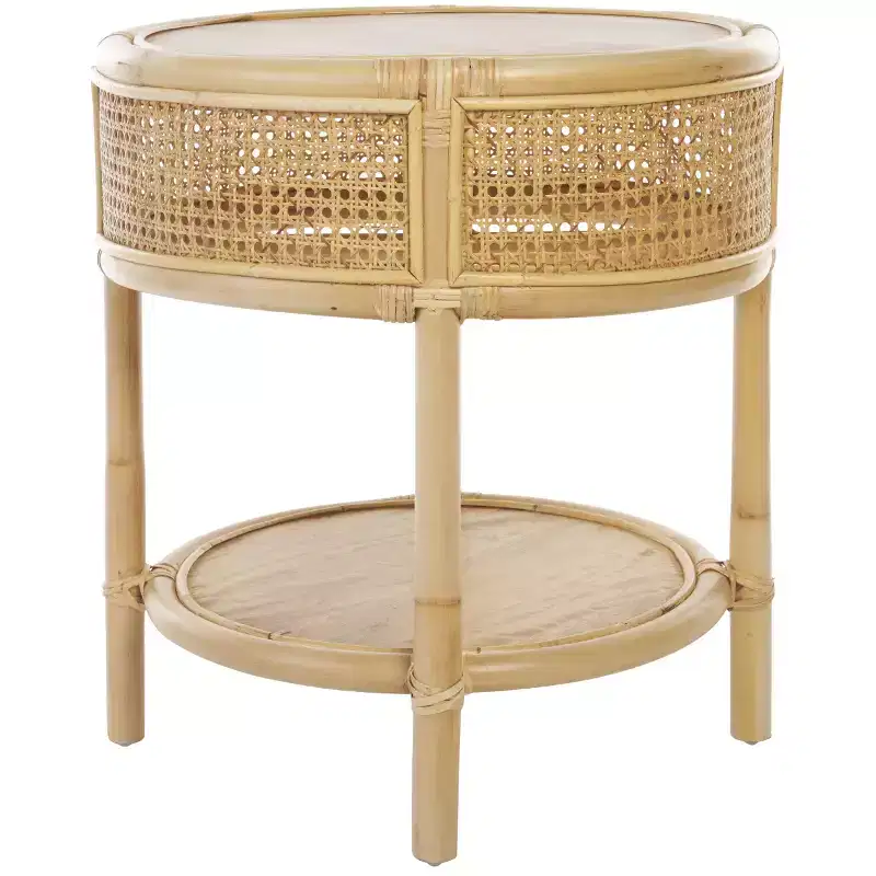 Round Rattan & Mango Wood Accent Table – Natural Coastal Style, 19.7
