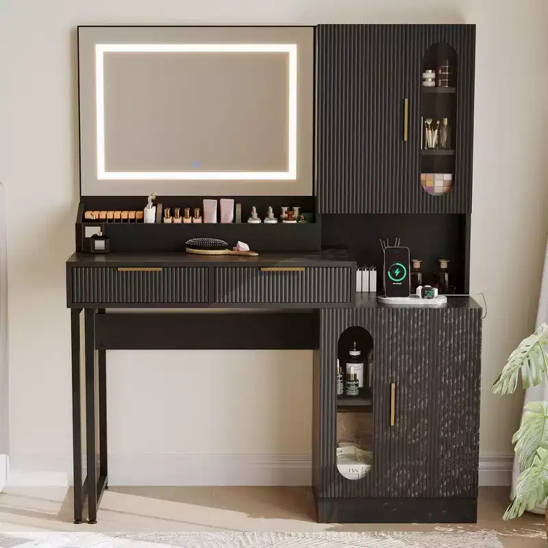 Vanity Desk, Fluted Vanity Table with Drawers and Cabinets, Modern Makeup Desk with Charging Station, 3 Color Lighting Modes for Bedroom