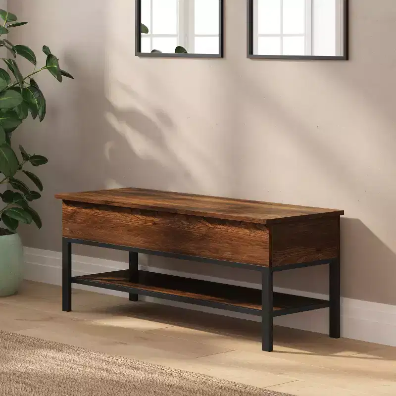 Rustic Farmhouse Entryway Bench with Bottom Storage Shelf