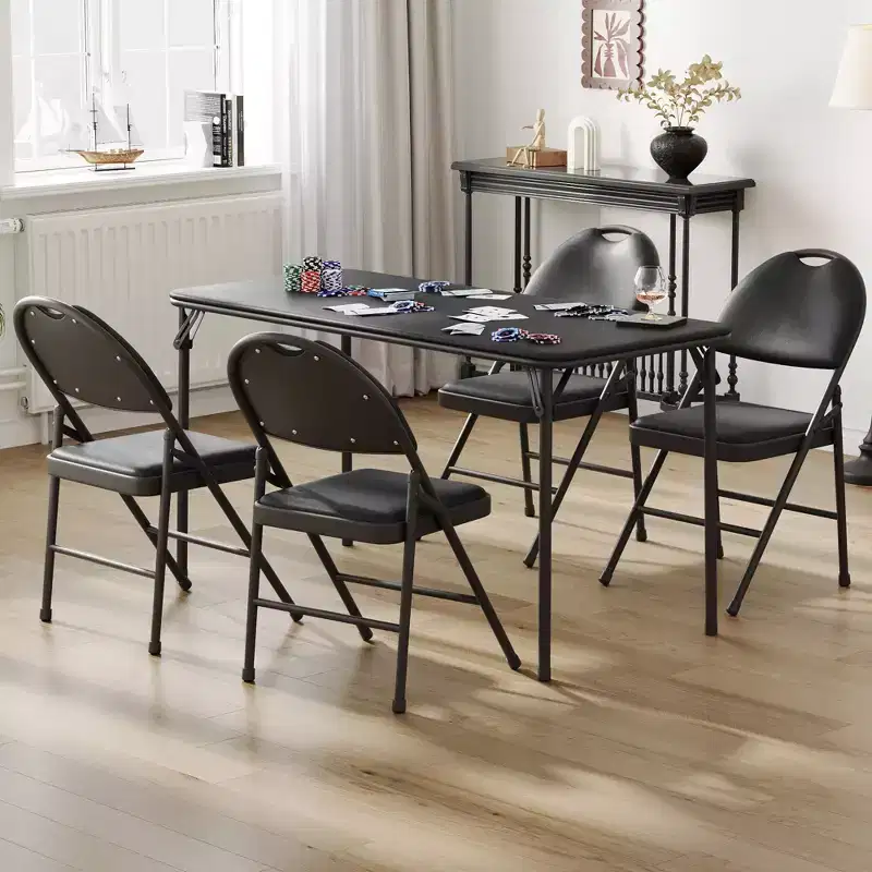 Folding Table and Chairs Set of 5, Rectangular Foldable Card Table Padded Tabletop, Folding Chairs 4 Pack Upholstery Cushion and Back, Metal Frame