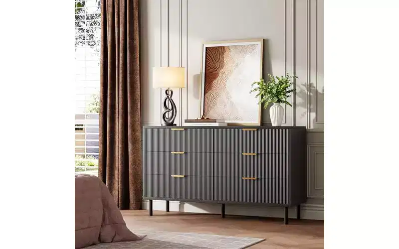 Fluted 6 Drawer Dresser, Chest of Drawers with Metal Handles and Legs, Wooden Dresser TV Stand, Clothes Storage Cabinet