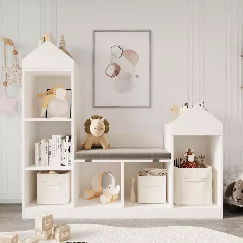 6-Grid Children's Bookshelf, Toy Storage Rack With Seat Cushion, Floor-Standing Large Toy Storage Rack for Children's Room, Living Room, Study, White