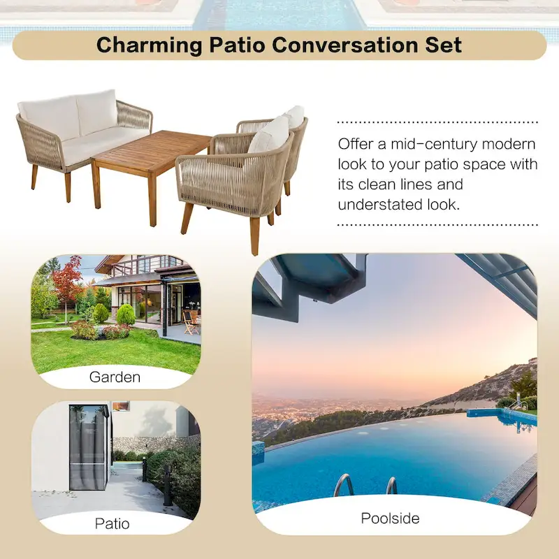 Mid-Century Modern 4-Piece Patio Set: Acacia Wood Loveseat, Chairs & Table