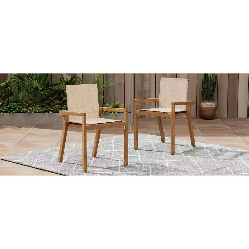 MAYEERTY Set of 2 Dining Chairs Teak Frame Beige Textile Cushions for Dining Room Patio
