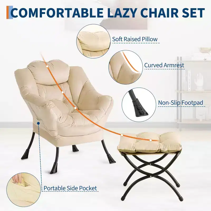 Lazy Chair with Ottoman, Modern Lounge Accent Reading Sofa, Side Pocket, for Living Room, Bedroom