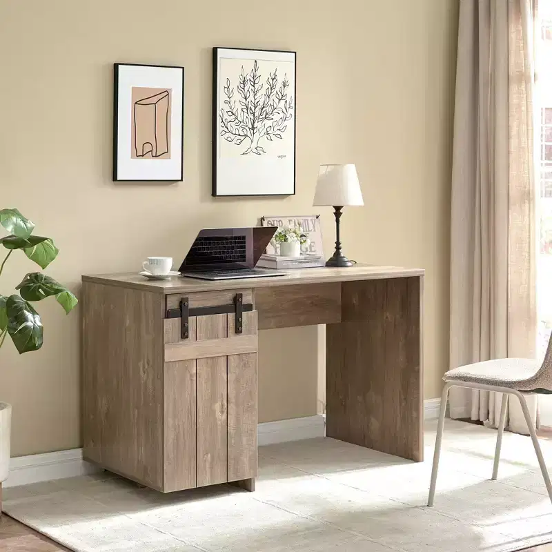 47.25IN Farmhouse Home Office Desk, Computer Desk with Faux Barn Door and 3-Tier Shelves, Standing Desk for Home Office