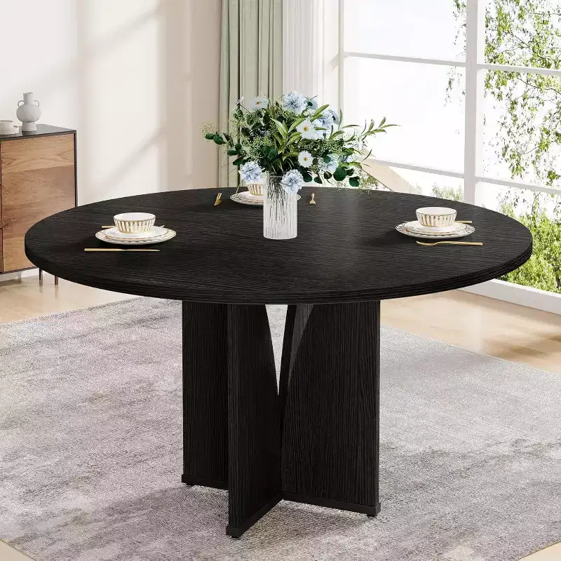 39.37-Inch Round Dining Table for 4 People, Farmhouse Wood Kitchen Table with Rustic Brown Finish for Dining Room, Living Room, Black