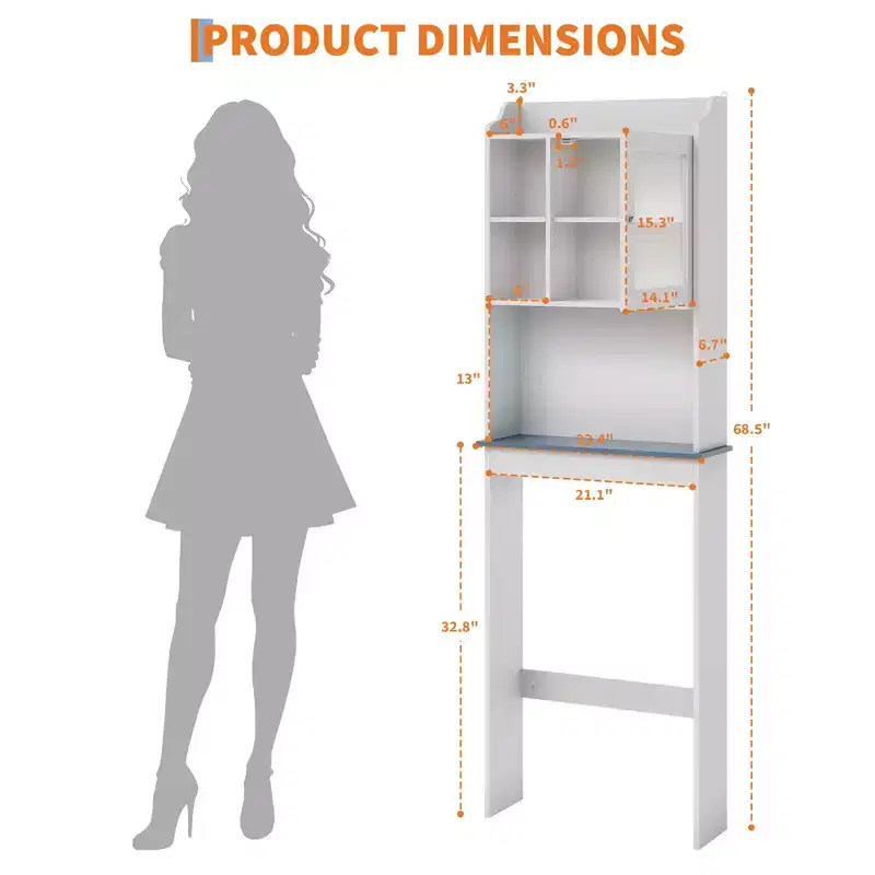 Acekool Over The Toilet Storage Cabinet, Adjustable Shelves, Tempered Glass Doors, White Bathroom Organizer for Small Spaces