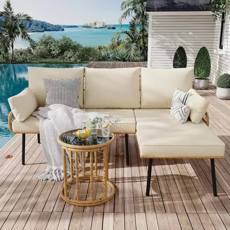 Acekool 3 Piece Patio Set Beige Rattan L-Shaped Sectional Sofa with Chaise Thick Cushions and Tempered Coffee Table for Deck Poolside Backyard Porch