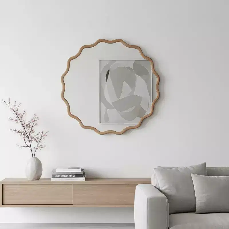 Whisen 30 Wavy Round Decorative Mirror, Solid Wood Frame, Entryway