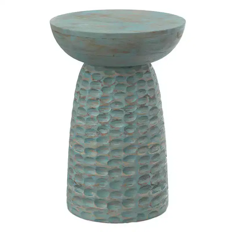 Round Mango Wood Accent Side Table, Teal Wash, Scratch-Resistant, 17.7