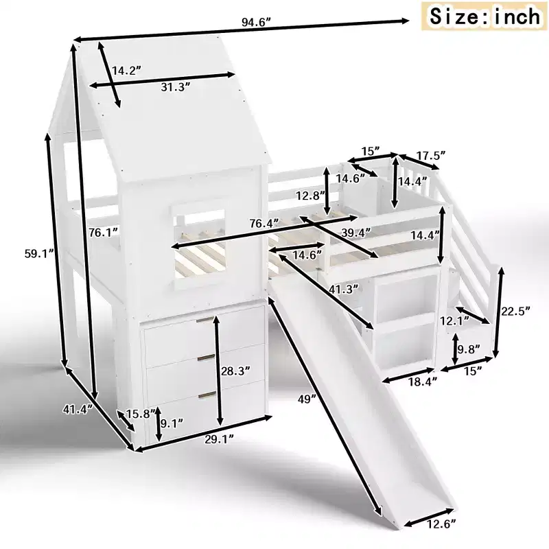 Wood Twin Loft Bed with Slide, Removable Desk & Storage Stairs