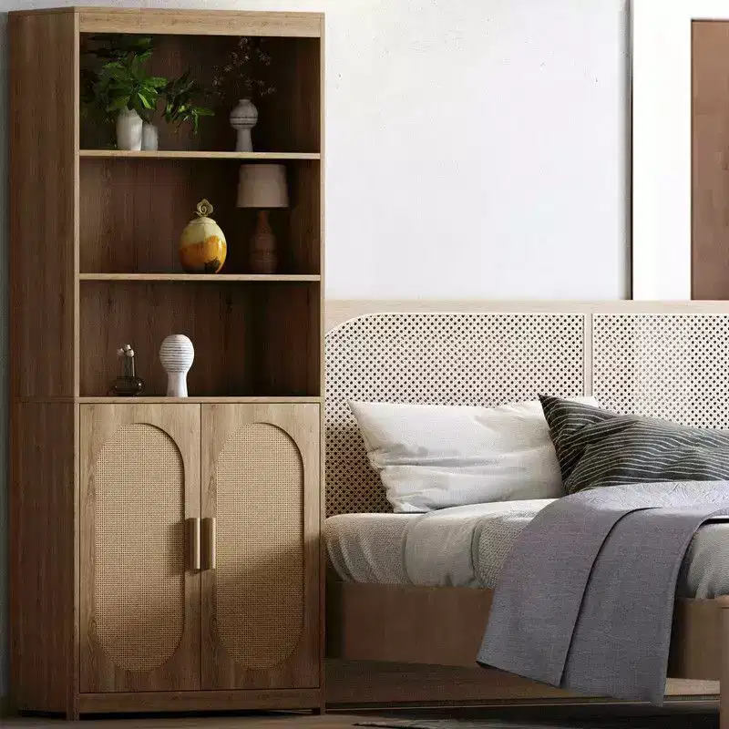 Karl Home Bookshelf 5 Tier Book Shelf Rattan Tall Bookcase with Doors Storage
