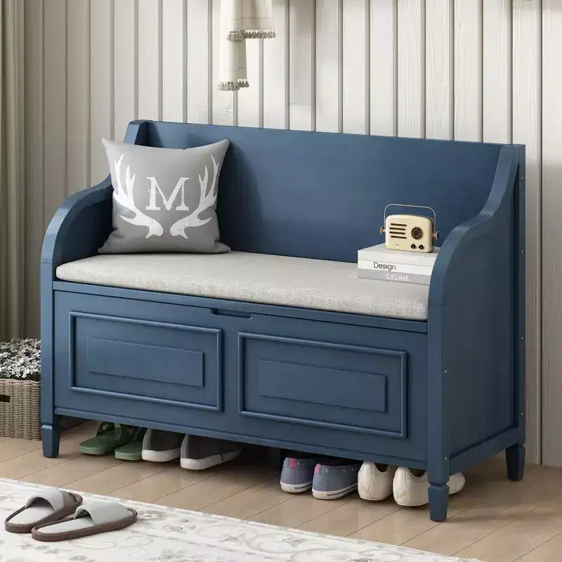 Rustic Solid Wood Entryway Storage Bench with Removable Cushion Shoe Bench for Living Room