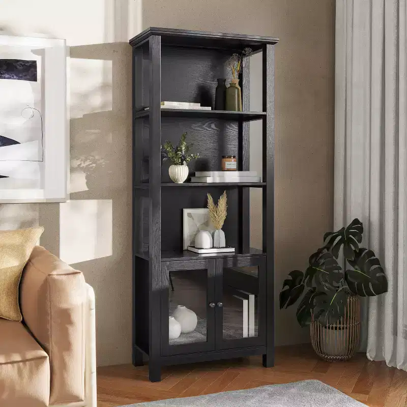 Flash Furniture Stella Modern Farmhouse Wooden Bookcase and Storage Cabinet with Tempered Glass Doors and 3 Upper Shelves