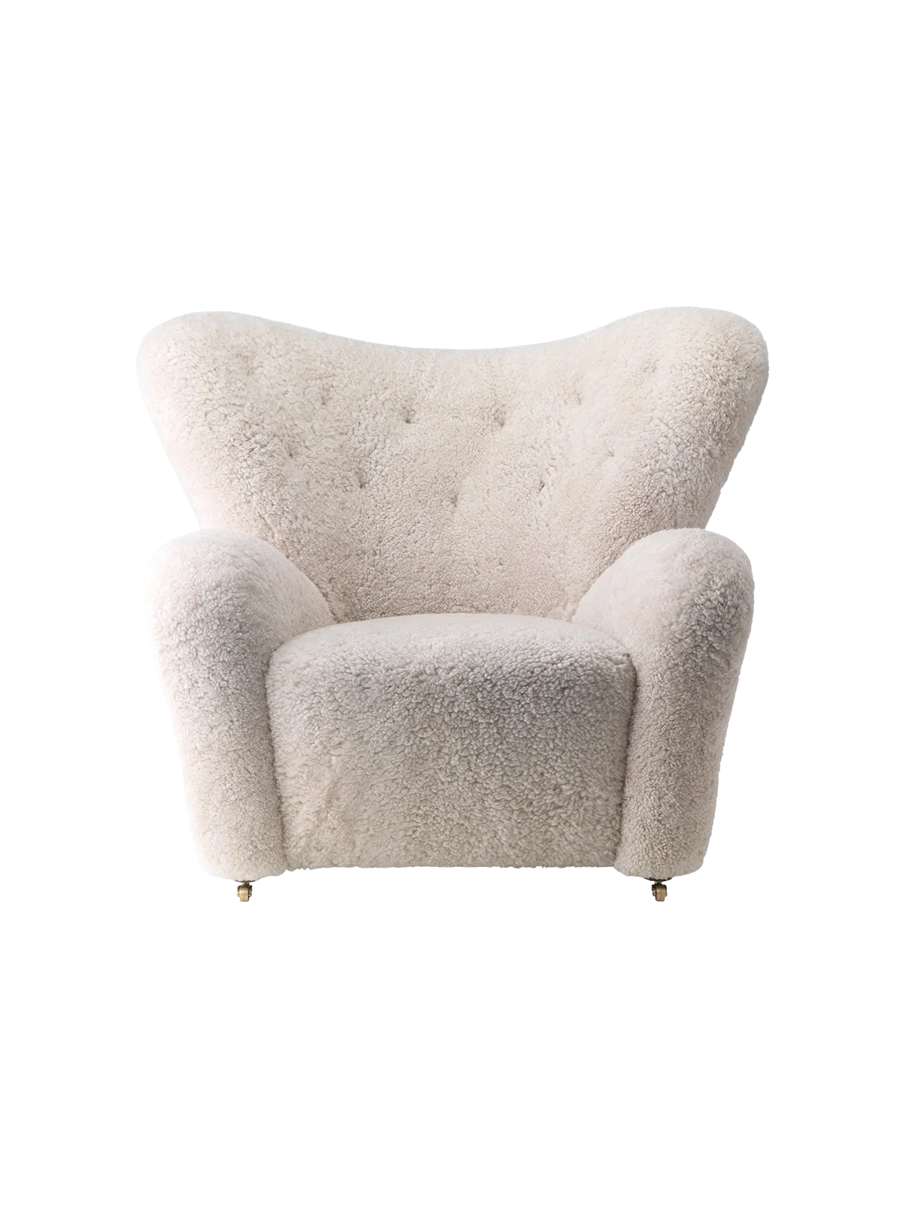 Sheepskin & Oak Lounge Chair with Brass Casters for Living Room