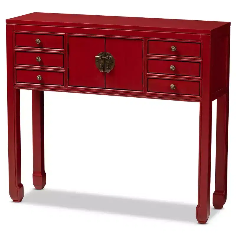 6-Drawer Console Table, Red, Antique-Inspired, Bayur Wood, Bronze Handles