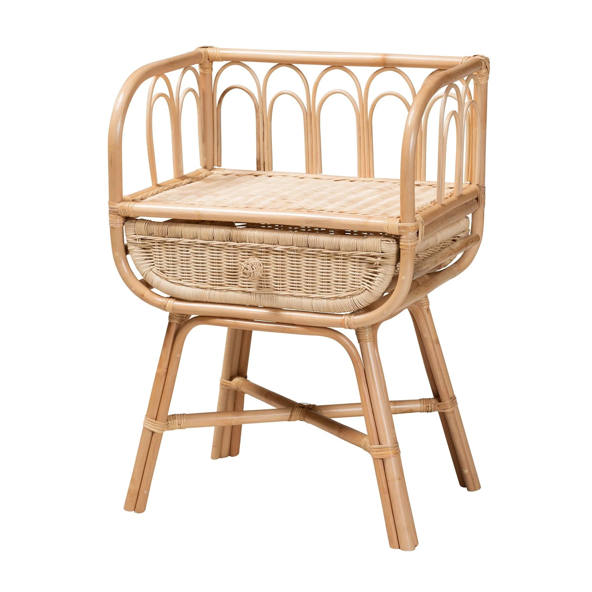 Bohemian Natural Rattan Nightstand with Drawer and Open Shelf