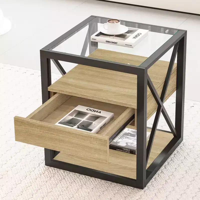 Set of 2 Nightstand with Drawer&Tempered Glass Top, Industrial End Table Accent Table Side Table-Modernluxe