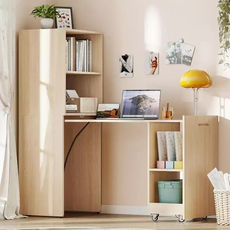 MooxvMoo Stretchable Desk with Storage Shelves and Mobile Wheels, Foldable Computer Table for Small Apartments and Home Offices, Burlywood