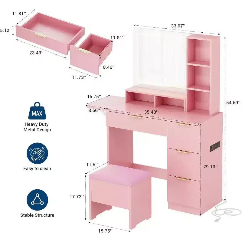 Dressing Table Set with Large LED Lighted Mirror with 3 Modes, Wooden Dresser for Bedroom with Power Socket, Drawers, Storage Stool, Pink