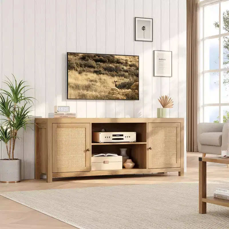TV Stand, Farmhouse Entertainment Center with 2 Natural Rattan Doors and Height Adjustable Shelves, Living Room, Bedroom Media TV Console
