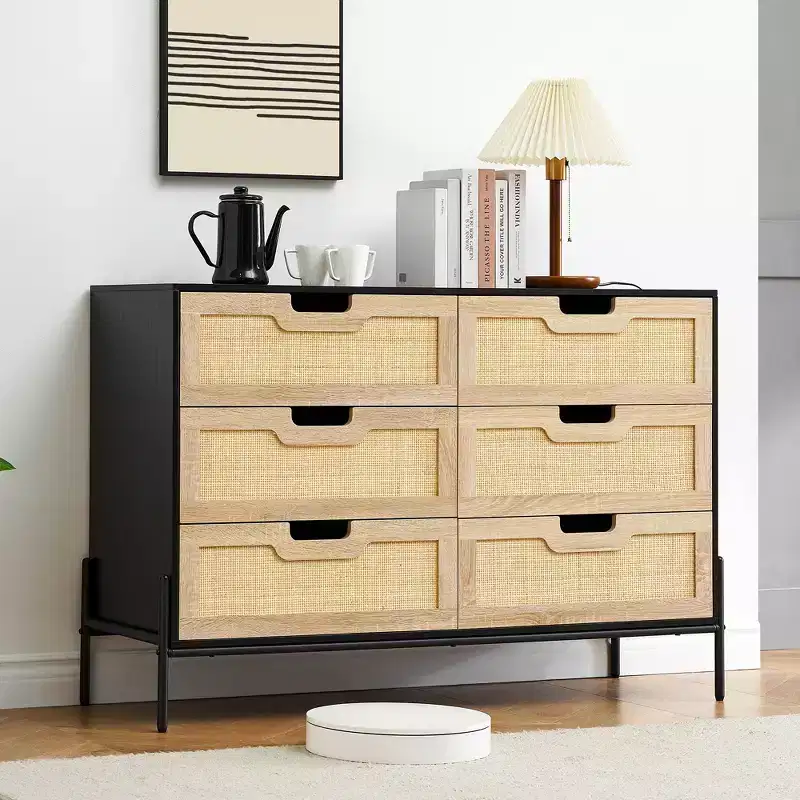 6-Drawer Dresser for Bedroom Rattan Console Table for Bedroom