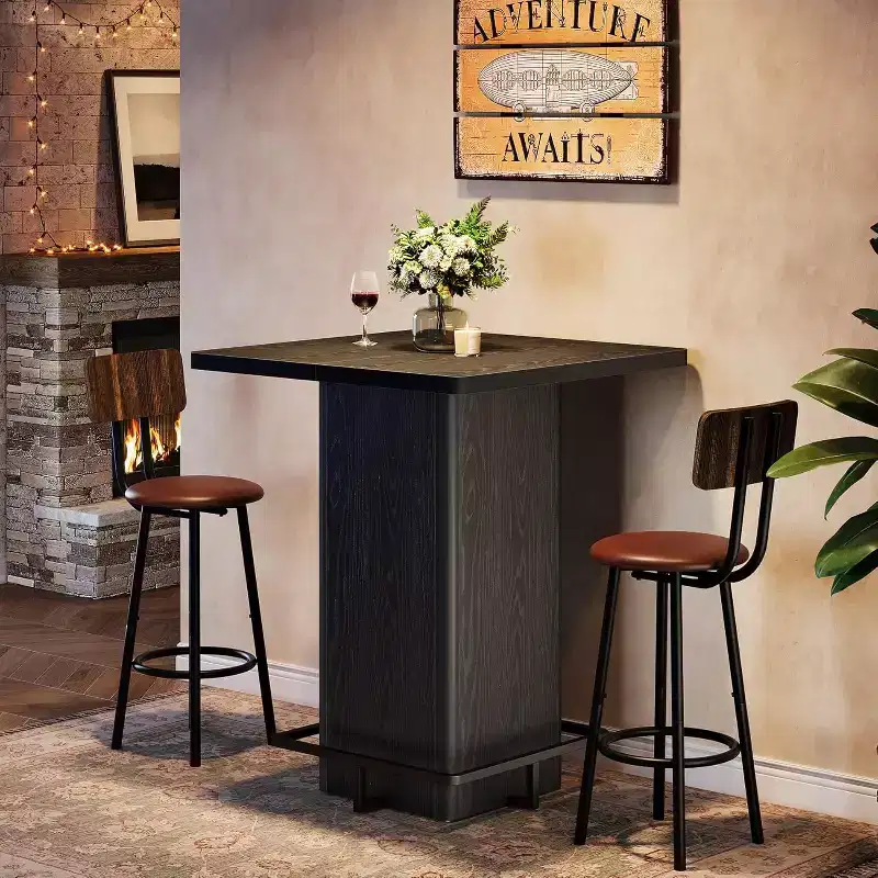 Lantine Square Bar Table, 39.37 High Wooden Bistro Pub Table with Metal Frame Footrest for Dining Coffee Cocktail Living Room, Small Space