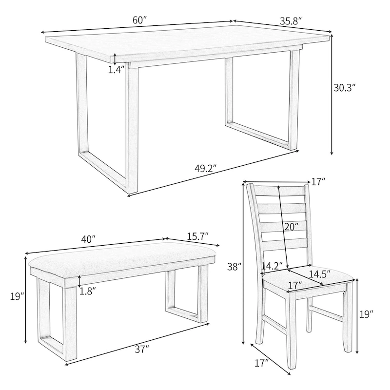 5-piece Farmhouse Dining Set Rectangular Table Chair